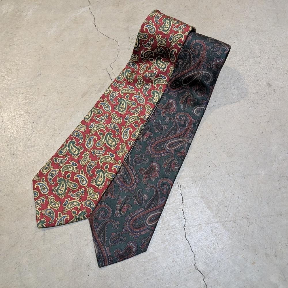 VTG Burberry Paisley Ties Mens Green Red